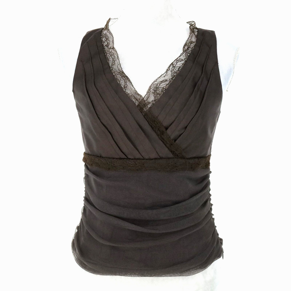 Etcetera Top Womens 2 Black Lace Trim Faux Wrap Gathered Waist Zip Lined Blouse